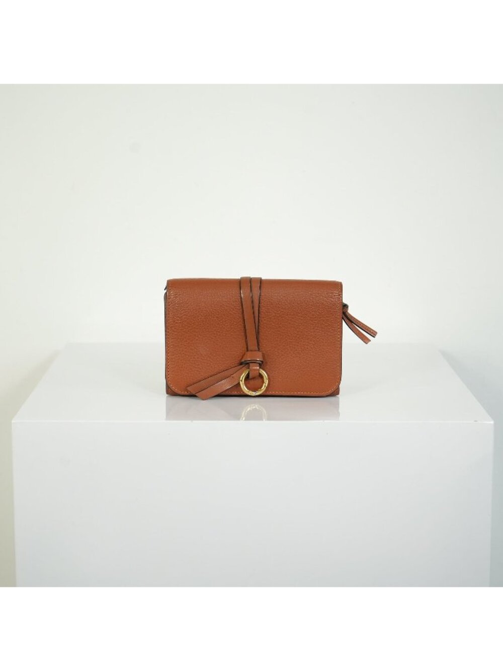 Chloe Alphabet Compact Wallet Tan Brown Pebbled Leather Gold Ring